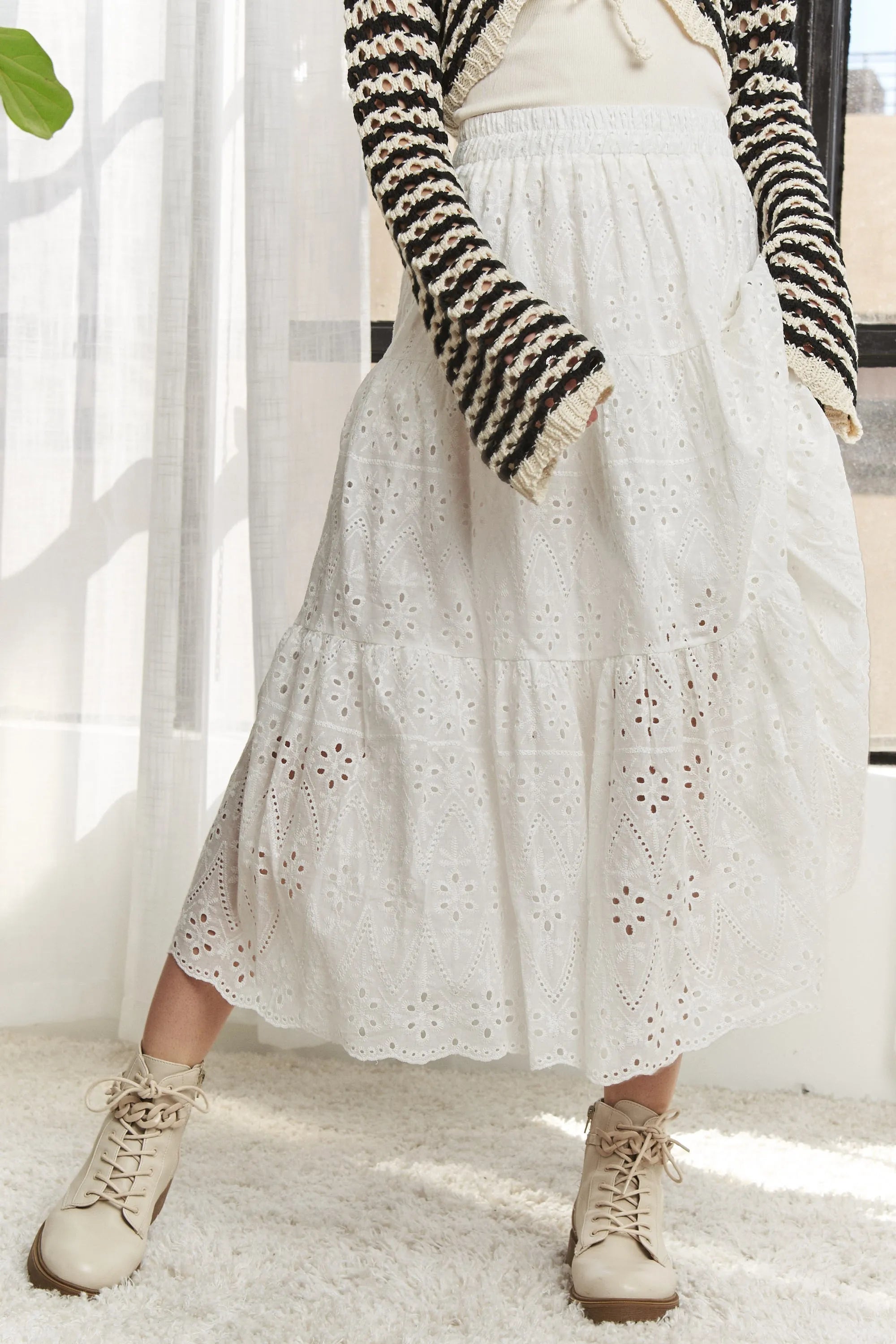 ADORA ADORA Elastic Waistband Tiered Midi Skirt