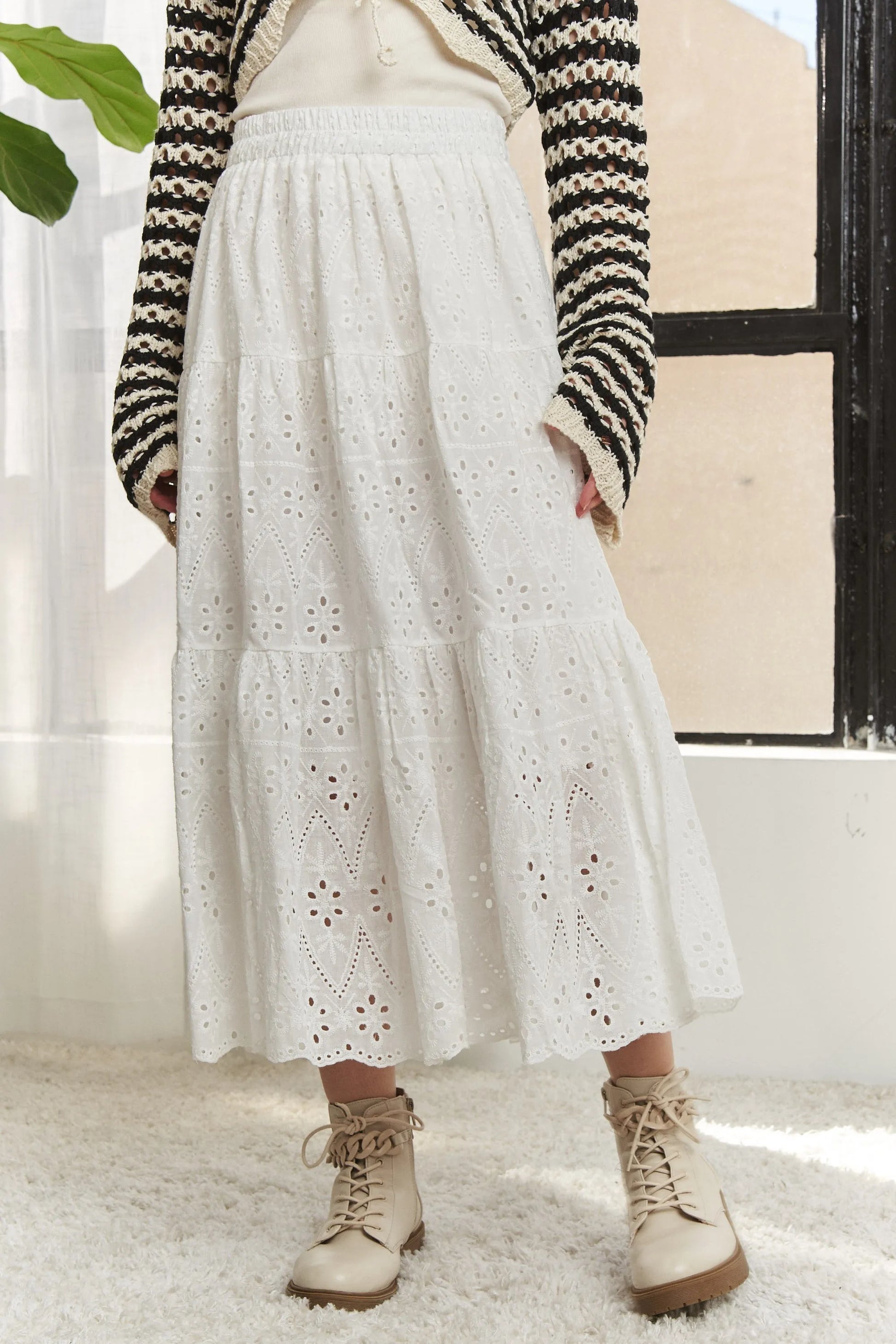 ADORA ADORA Elastic Waistband Tiered Midi Skirt