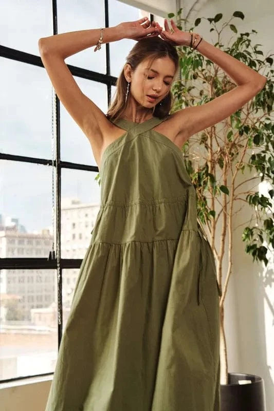 ADORA dresses Moss / S ADORA Crisscross Wide Strap Drawstring Detail Midi Dress