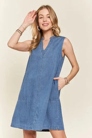 ADORA Medium / S ADORA Notched Sleeveless Denim Dress with Pockets