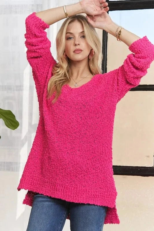 ADORA Sweater Dresses Hot Pink / S ADORA High-Low Side Slit V-Neck Sweater