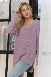 ADORA Sweater Dresses Lilac / S ADORA High-Low Side Slit V-Neck Sweater