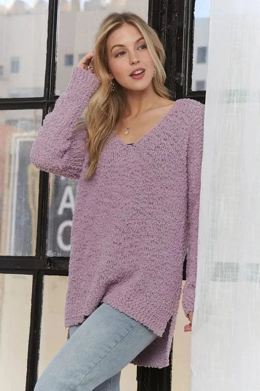 ADORA Sweater Dresses Lilac / S ADORA High-Low Side Slit V-Neck Sweater