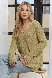 ADORA Sweater Dresses Yellow-Green / S ADORA High-Low Side Slit V-Neck Sweater