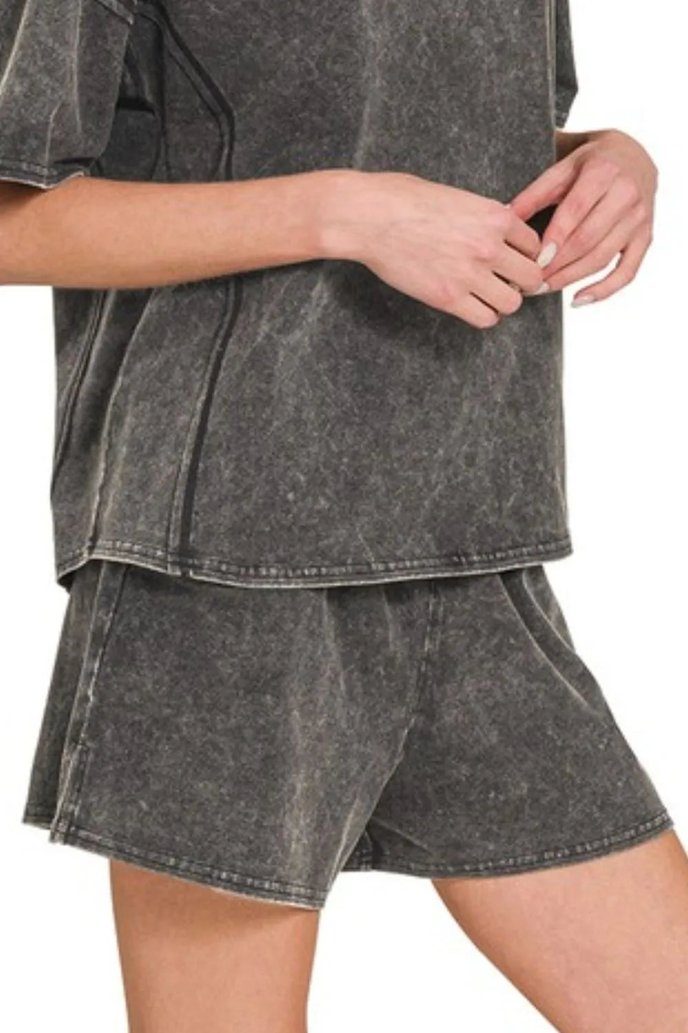 Zenana Acid Washed Short Sleeve Tee & Shorts Set - Fashorio