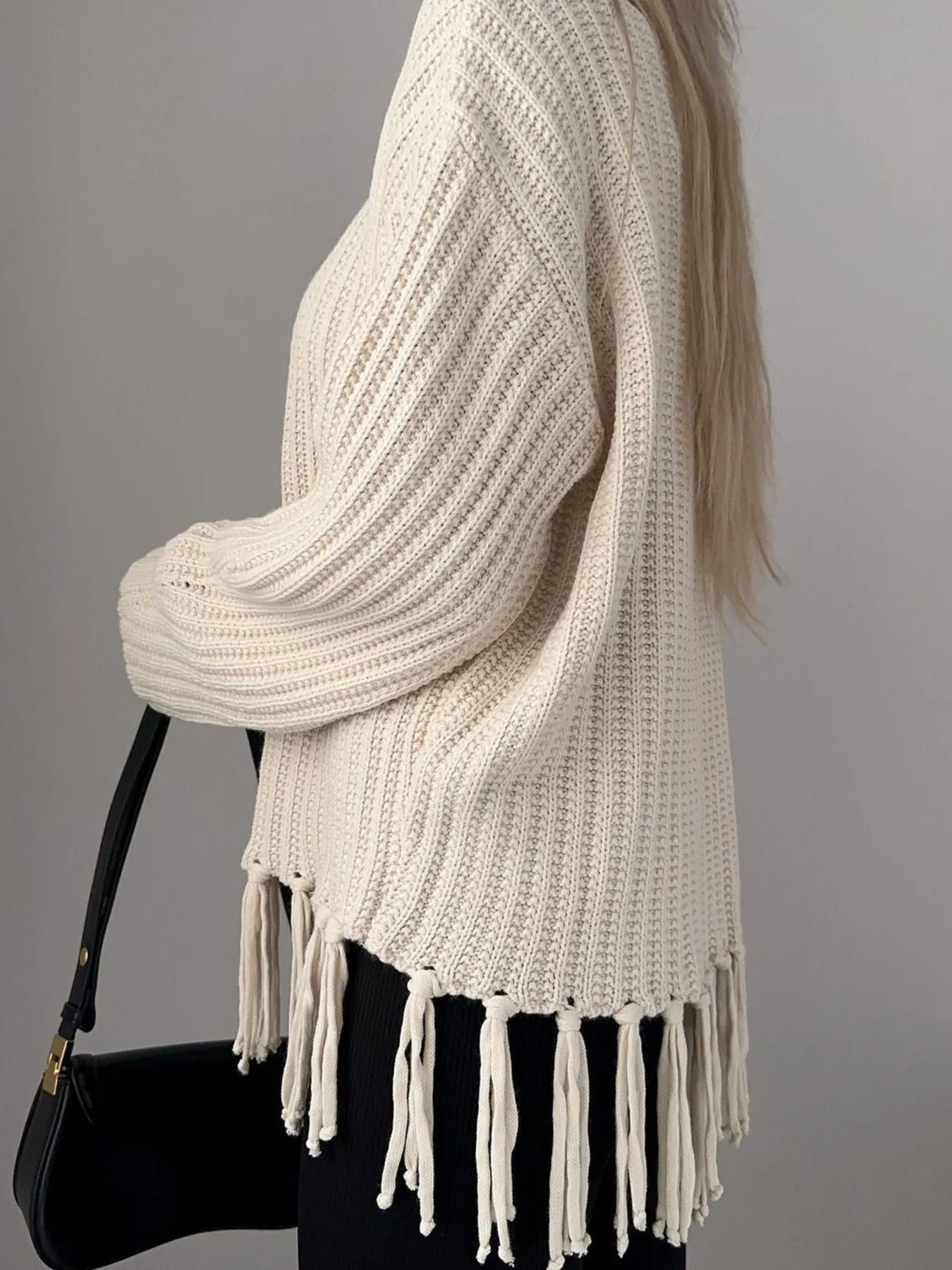 Fringe Round Neck Long Sleeve Sweater - Fashorio