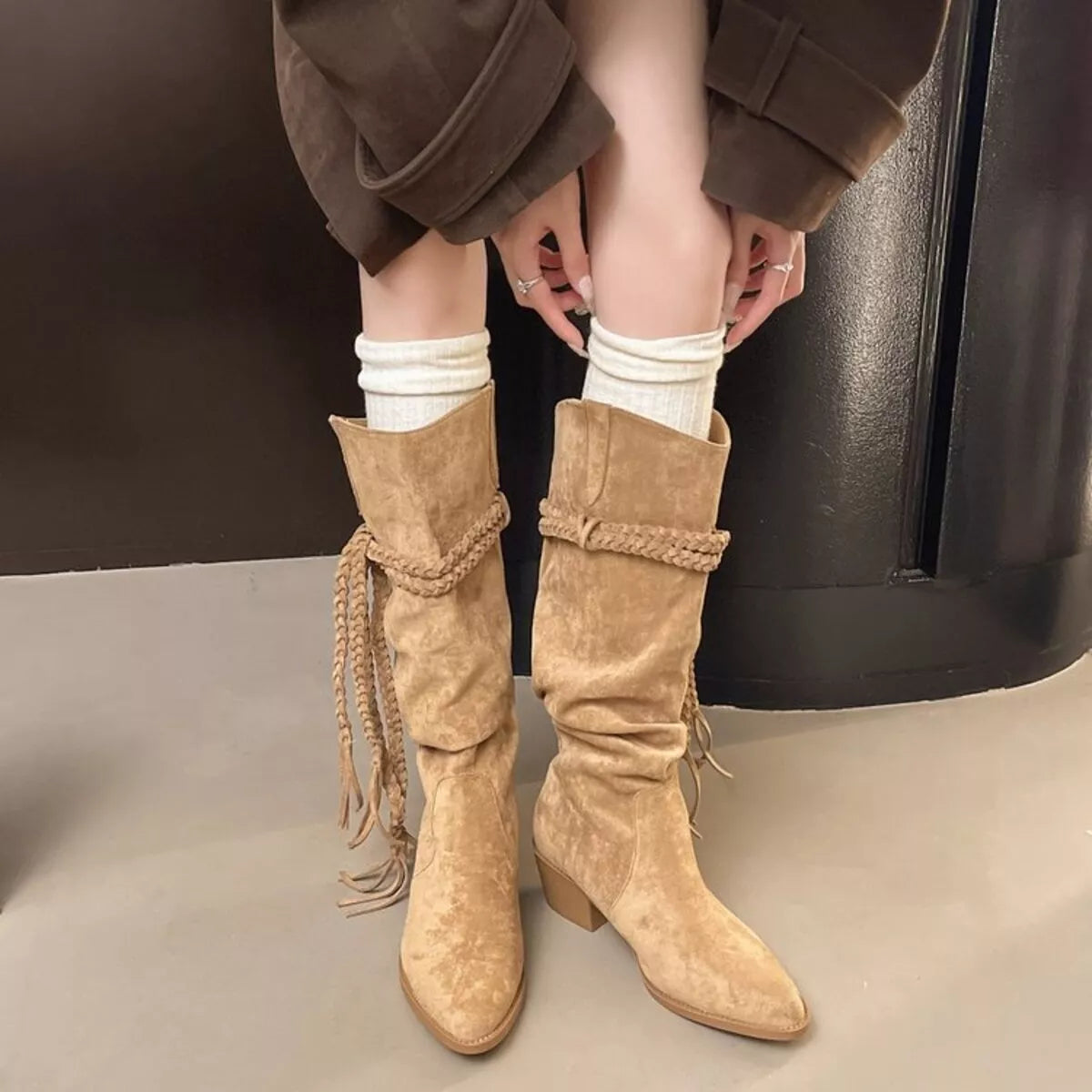 point toe block heel boots side profile