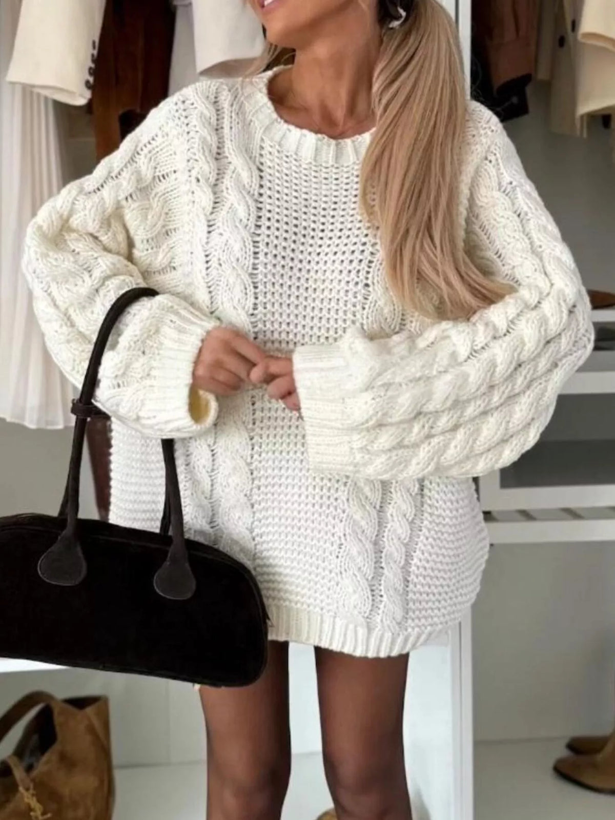 Cable knit round neck oversized sweater back view