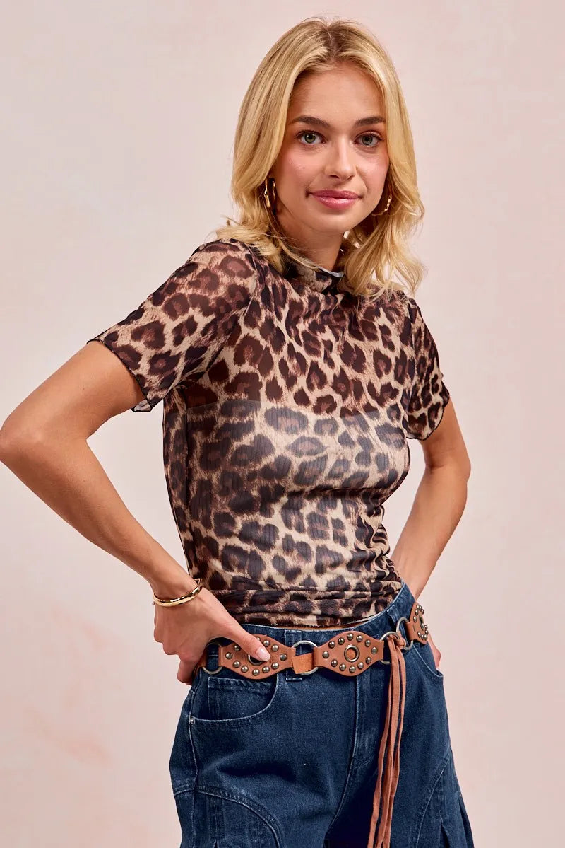 BiBi High Neck Leopard Mesh Short Sleeves Top - Fashorio