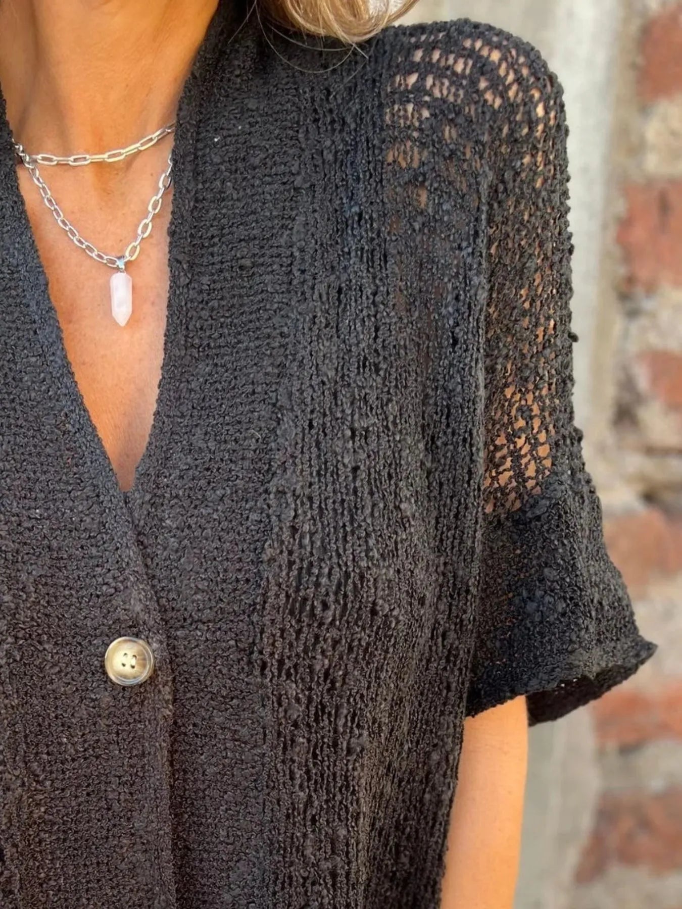 Full Size One Button Openwork Cardigan Plus Size - Fashorio