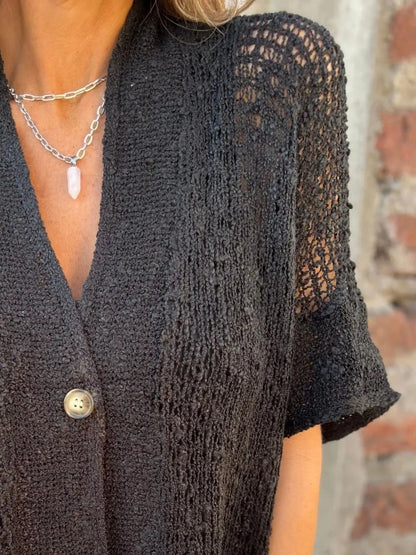 Full Size One Button Openwork Cardigan Plus Size - Fashorio