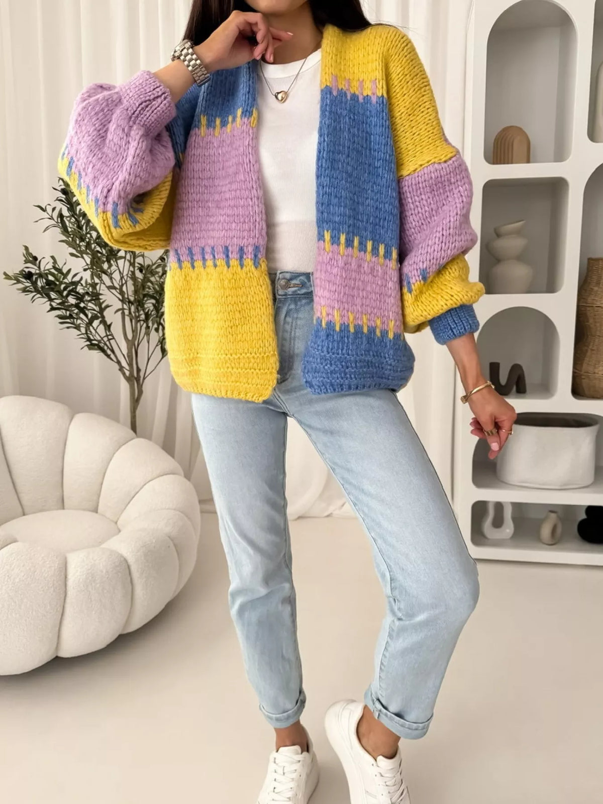 Color block open front cardigan styled look