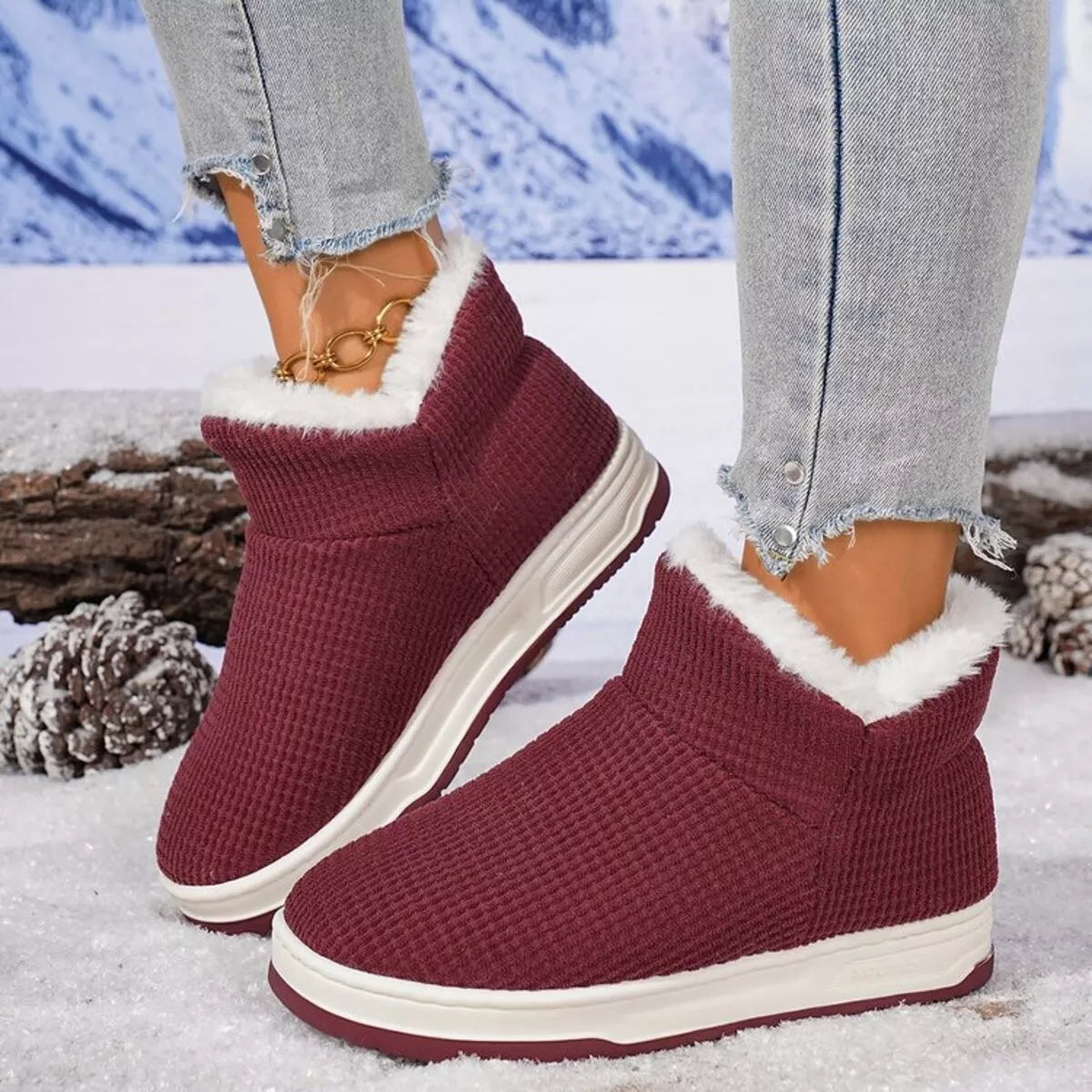 Cozy knit ankle boots, top down view