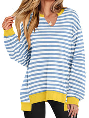 Notched Long Sleeve Oversized Sweatshirt Light Blue Stripes - Fashorio