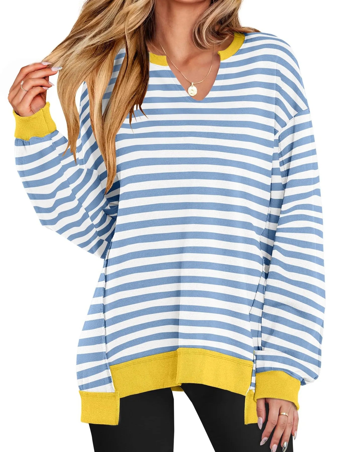 Notched Long Sleeve Oversized Sweatshirt Light Blue Stripes - Fashorio