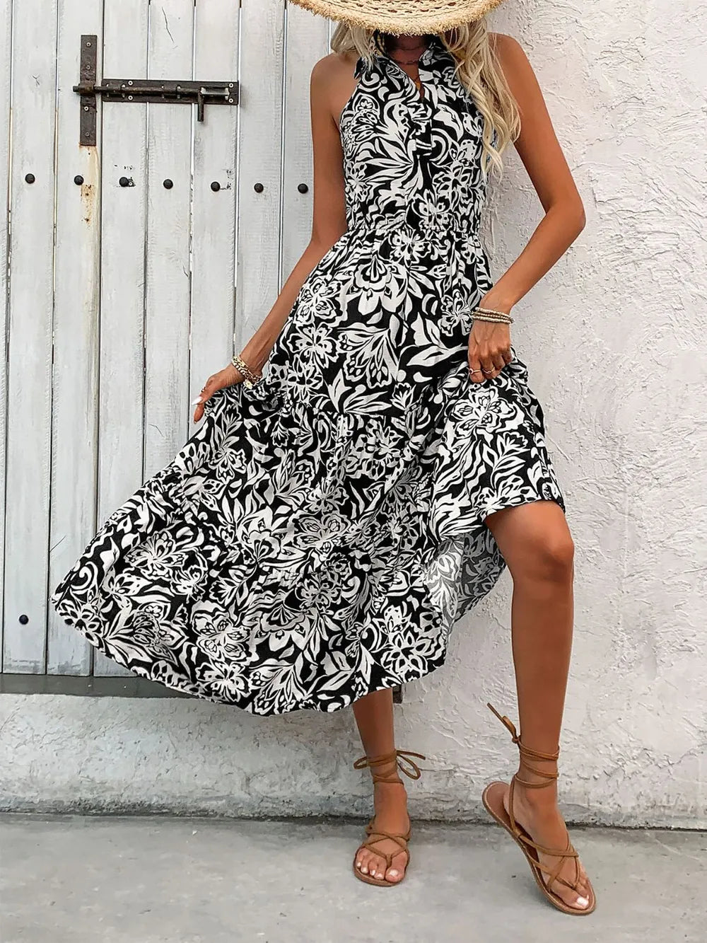 Backless smocked midi dress styled look