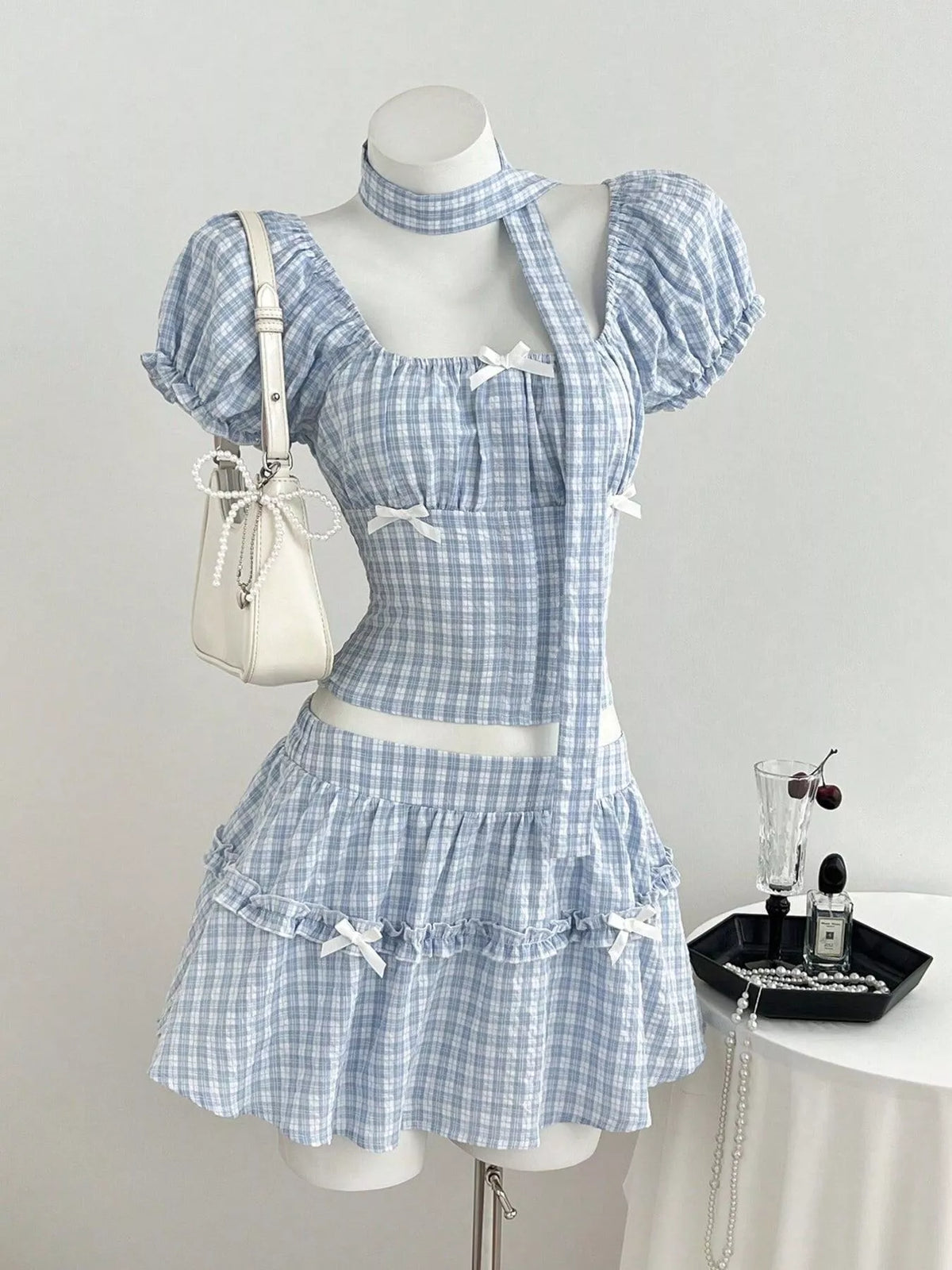 Plaid puff sleeve blouse and skirt two piece set front view