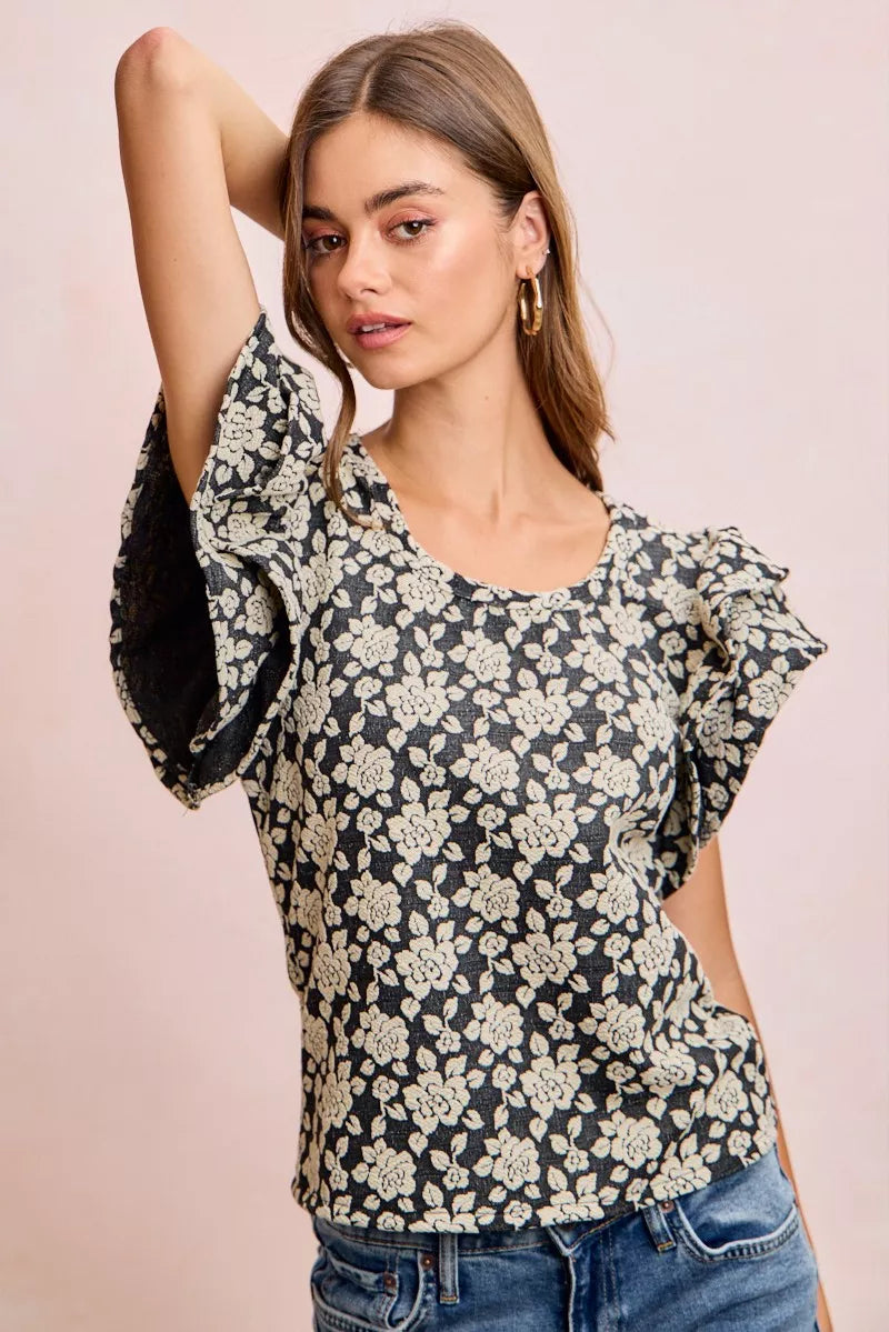Floral jacquard knit top flutter sleeve close up