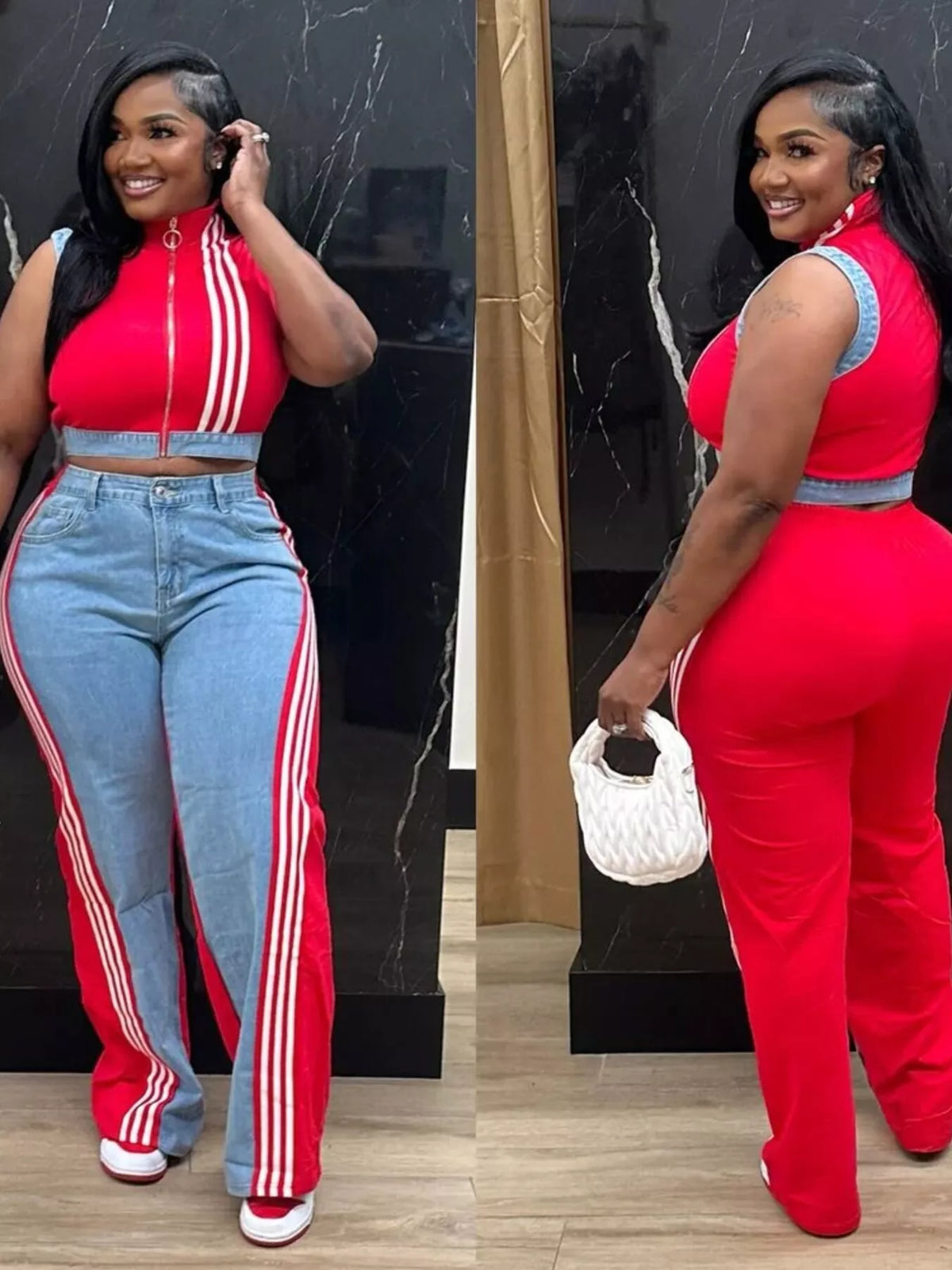 Zip Front Crop Top and Striped Pants Set, view 10