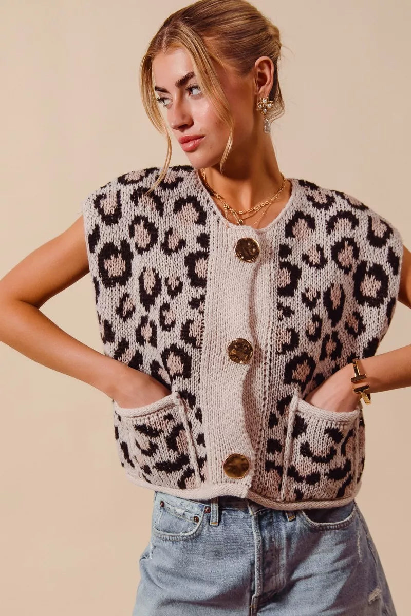 Button Front Leopard Print Sweater Vest side view