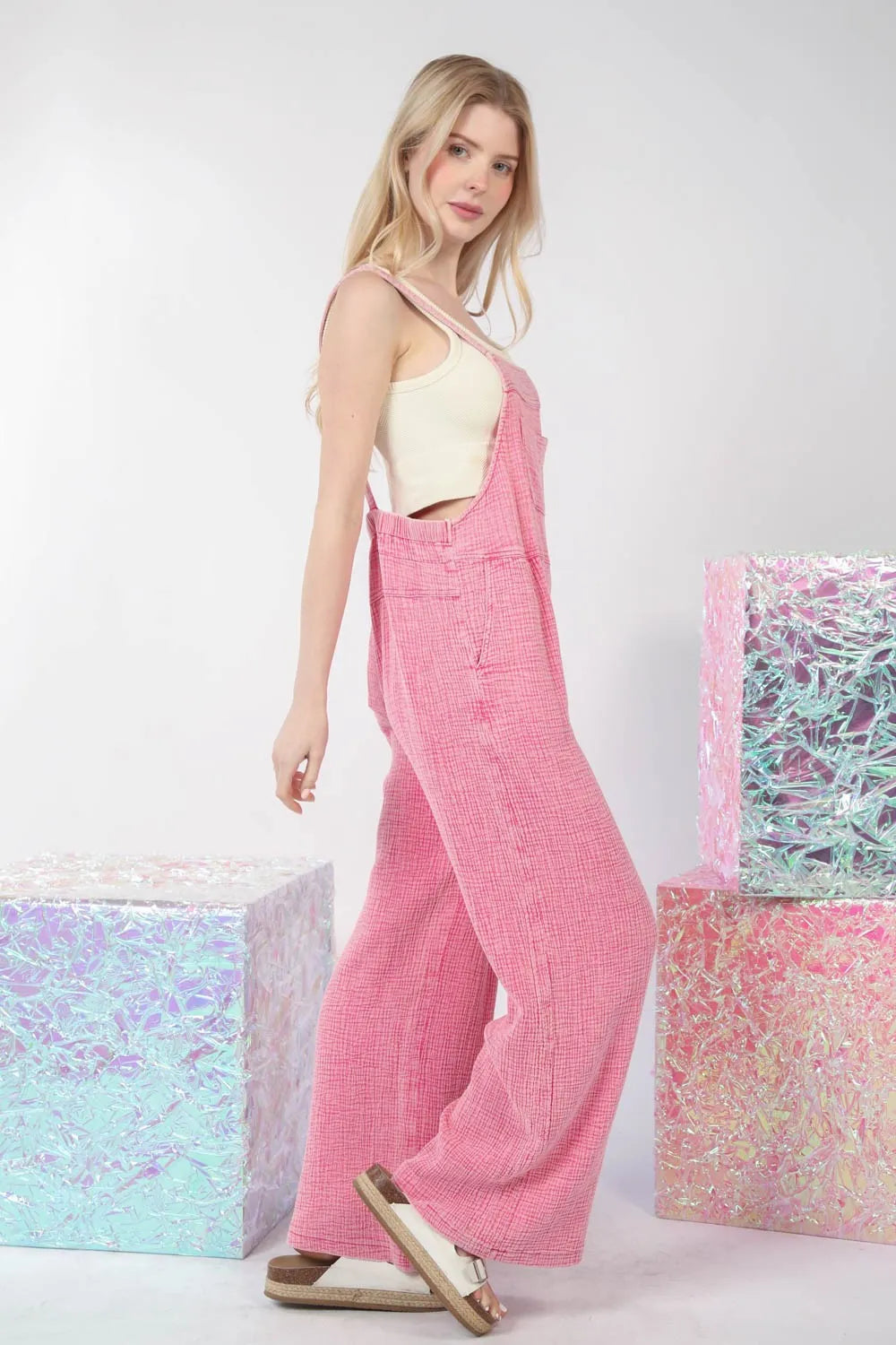 Texture Washed Wide Leg Overalls side view