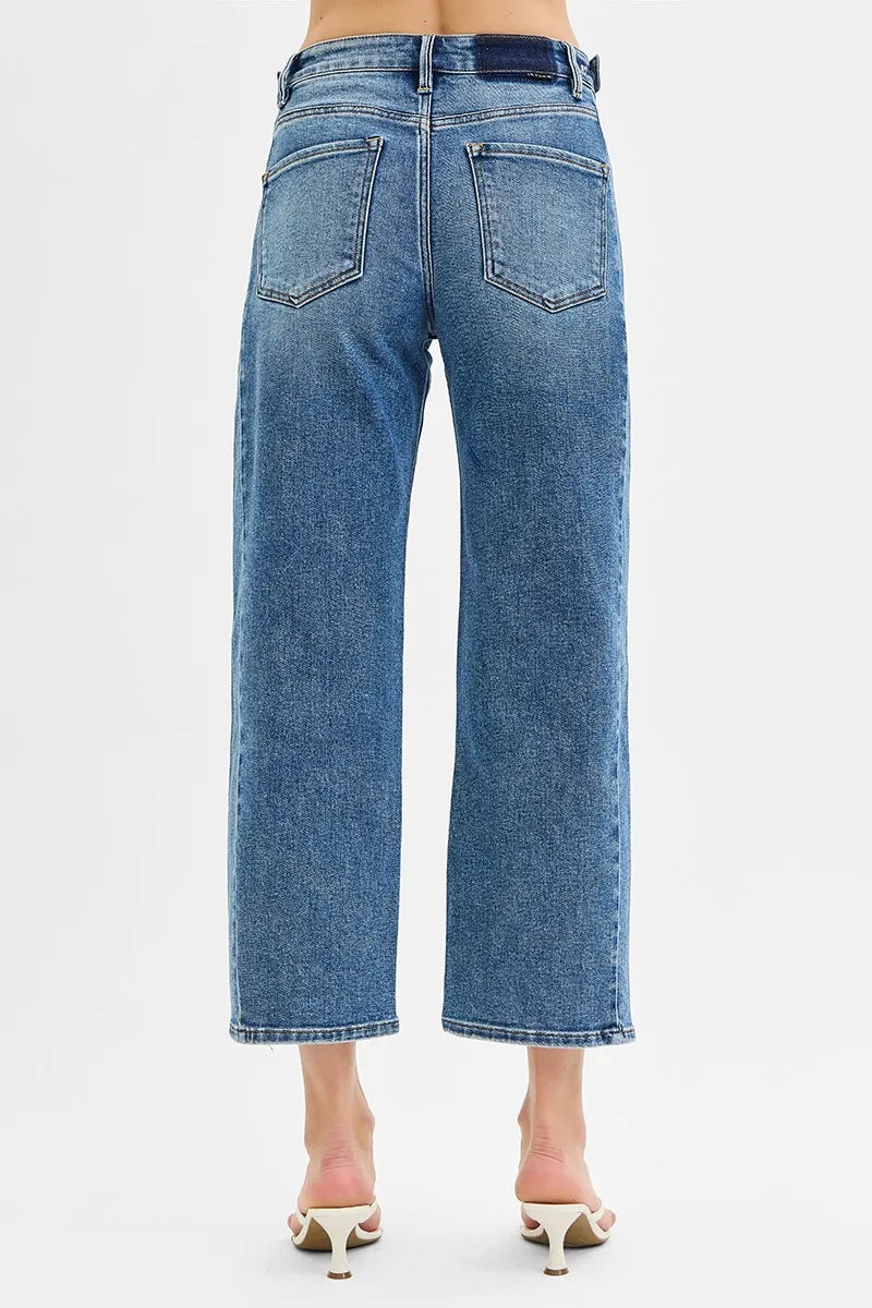 RISEN High Rise Crop Length Barrel Adjustable Waist Band Jeans - Fashorio
