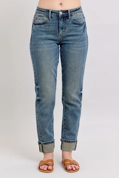 Judy Blue Full Size Mid Rise Vintage Wash Double Roll Cuff Boyfriend Jeans Plus Size MD - Fashorio