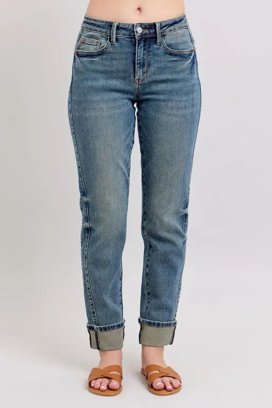 Judy Blue Full Size Mid Rise Vintage Wash Double Roll Cuff Boyfriend Jeans Plus Size MD - Fashorio