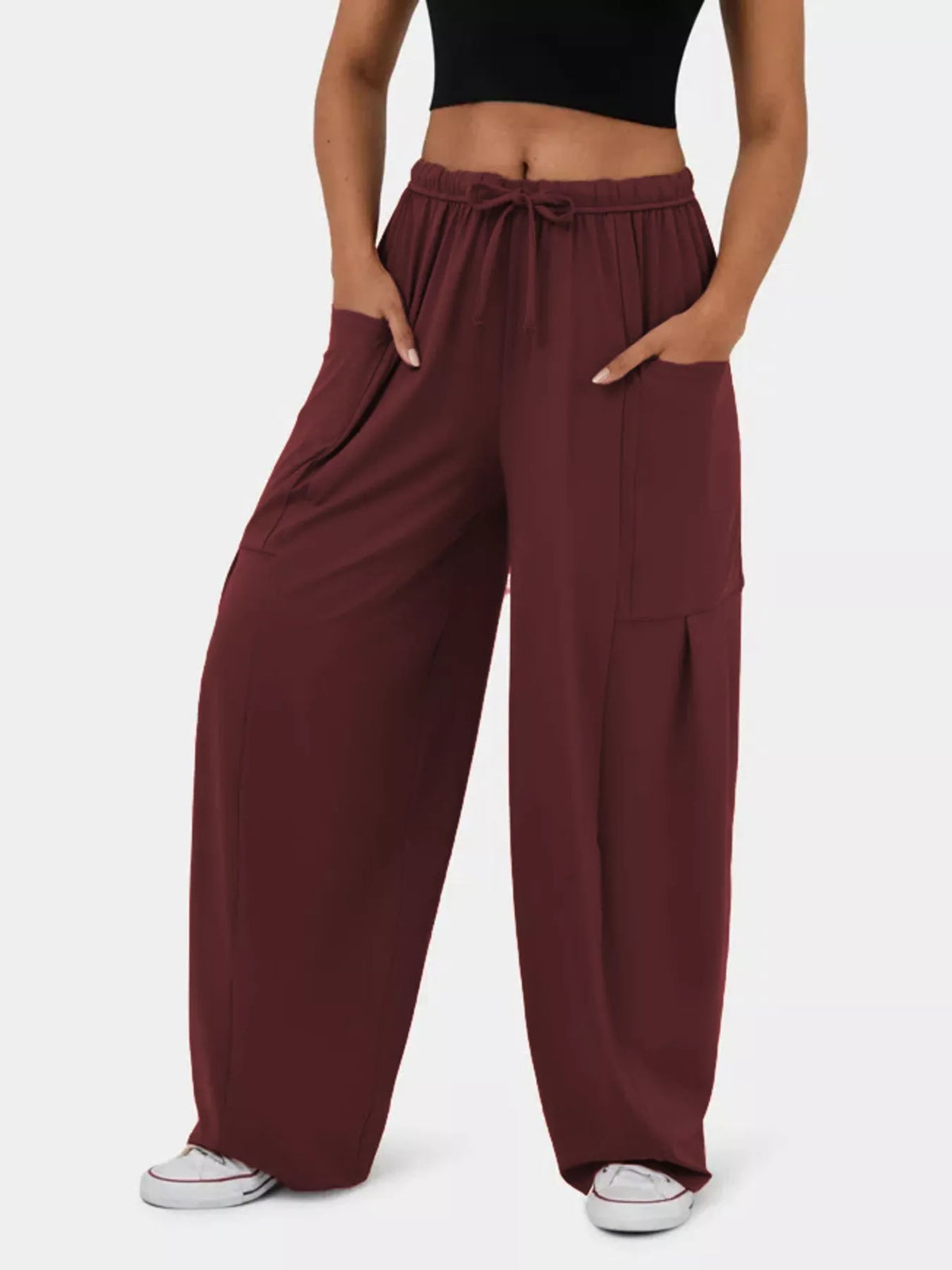 High waisted wide leg drawstring pants front view