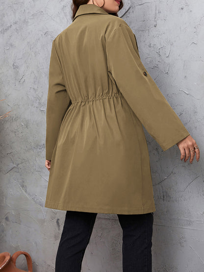 Honey Plus Size Lapel Collar Drawstring Roll-Tab Sleeve Trench Coat - Fashorio