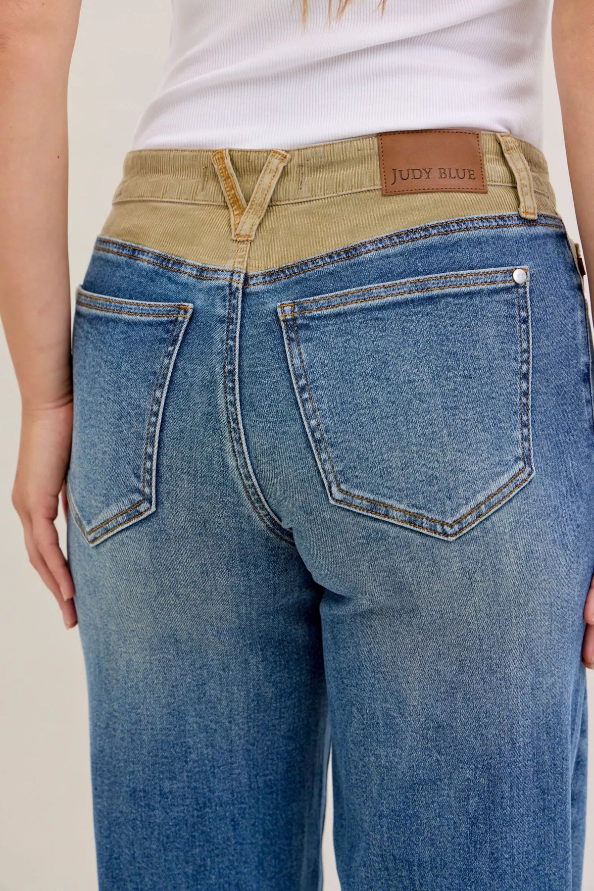 Judy Blue corduroy waist column jeans detail view