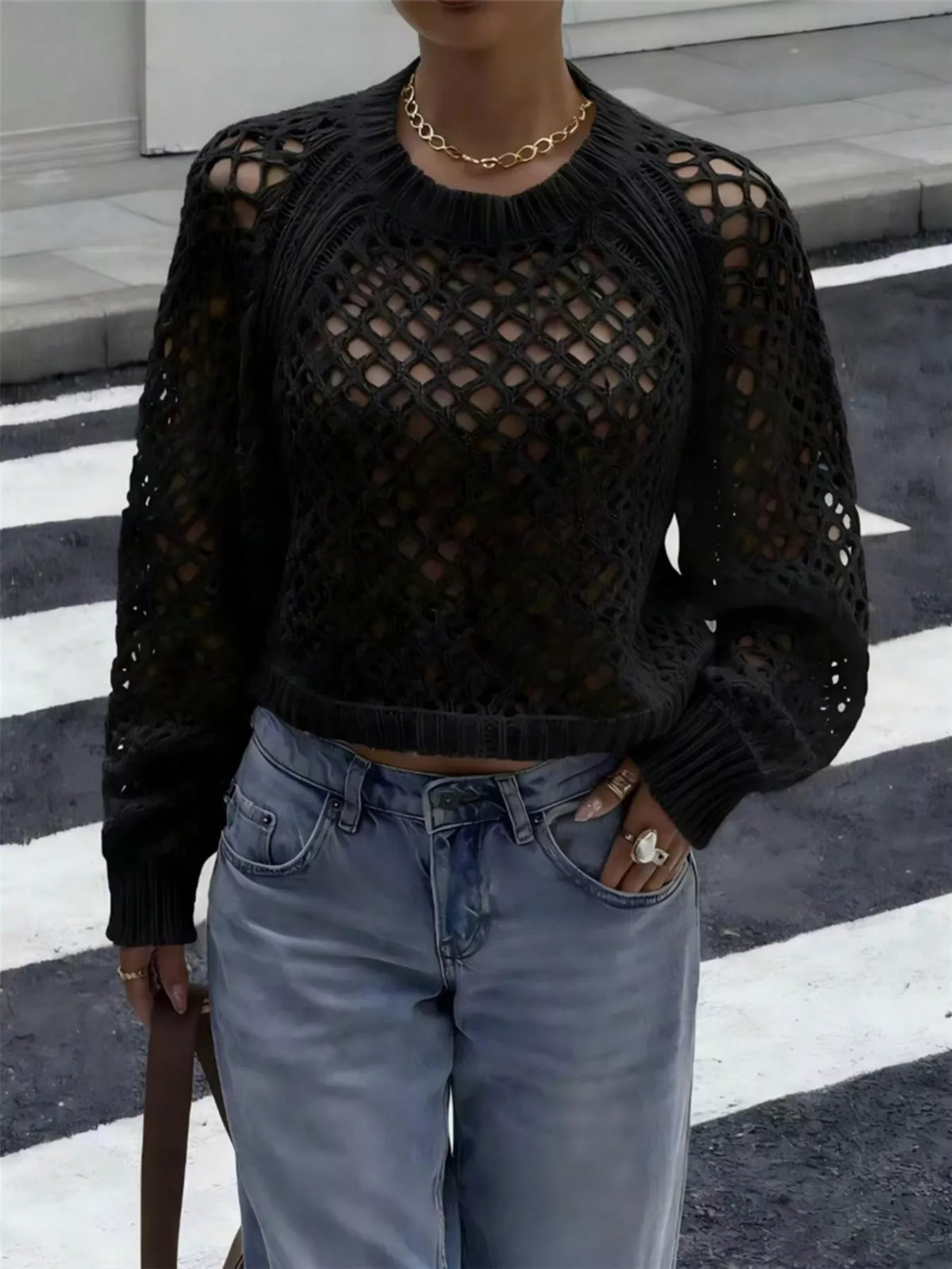 Crochet Openwork Backless Raglan Sleeve Sweater styled look