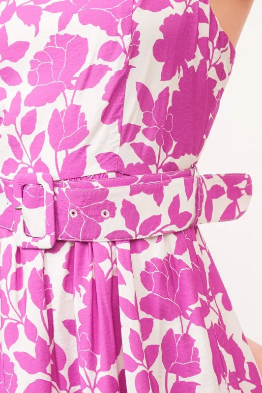 Floral Square Neck Belted Midi Dress in Magenta close up