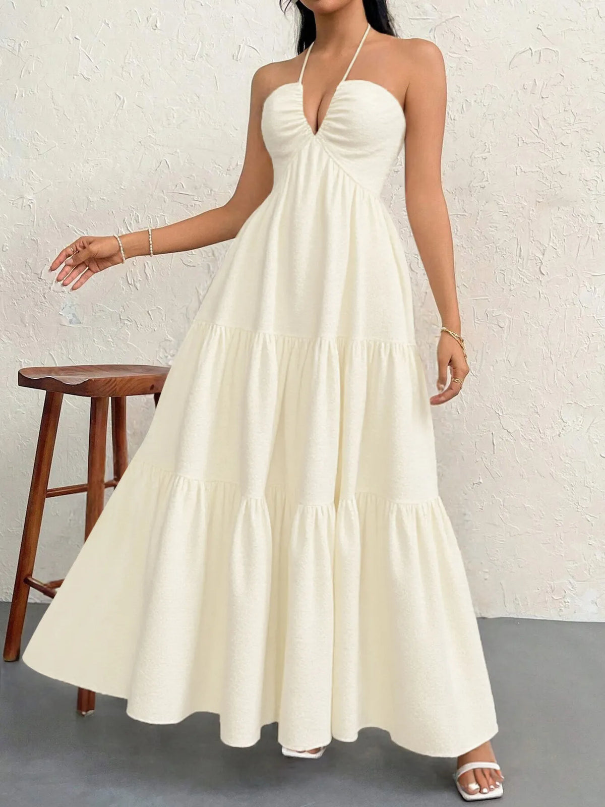 halter neck tiered backless maxi dress back view