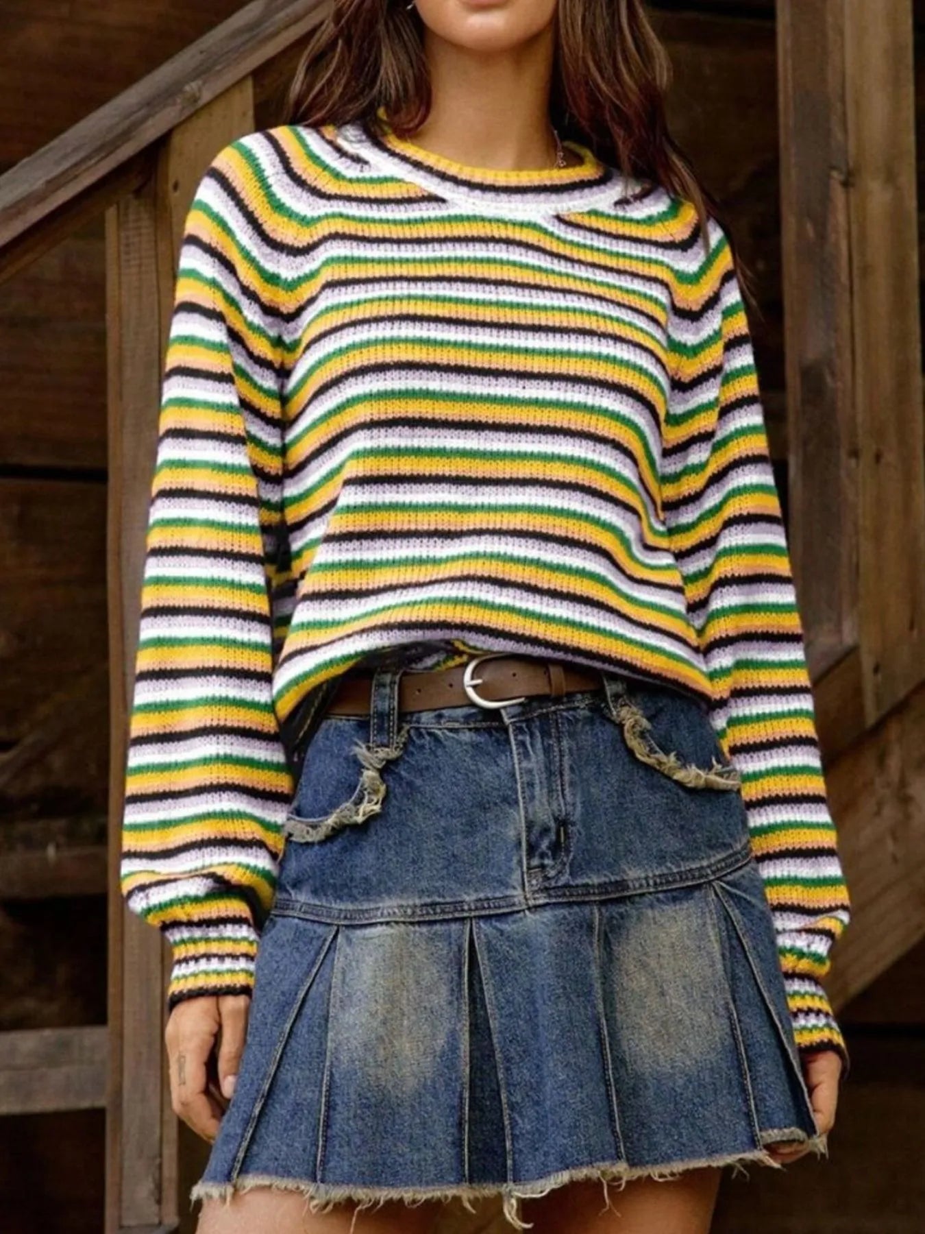 Rainbow Striped Pullover Sweater Yellow - Fashorio