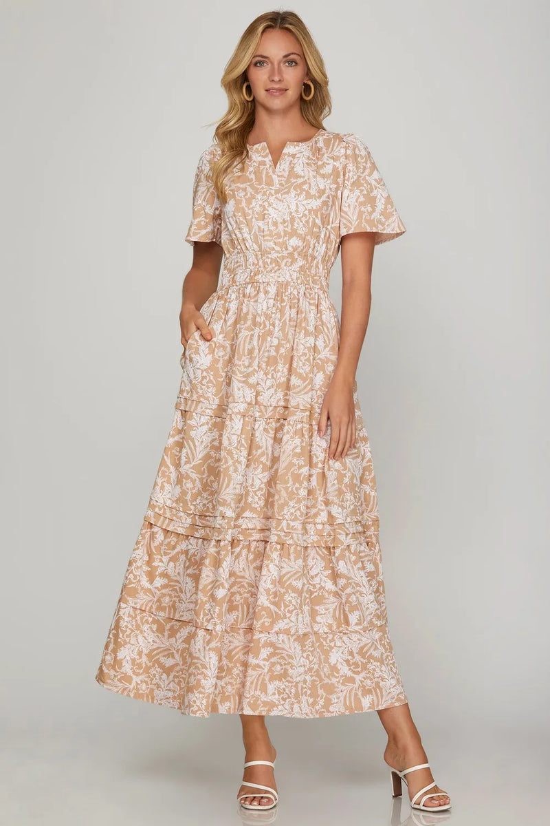 Printed tiered pintuck maxi dress with pockets in apricot, front view
