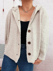Cozy Button-Up Hooded Cardigan Apricot One Size - Fashorio