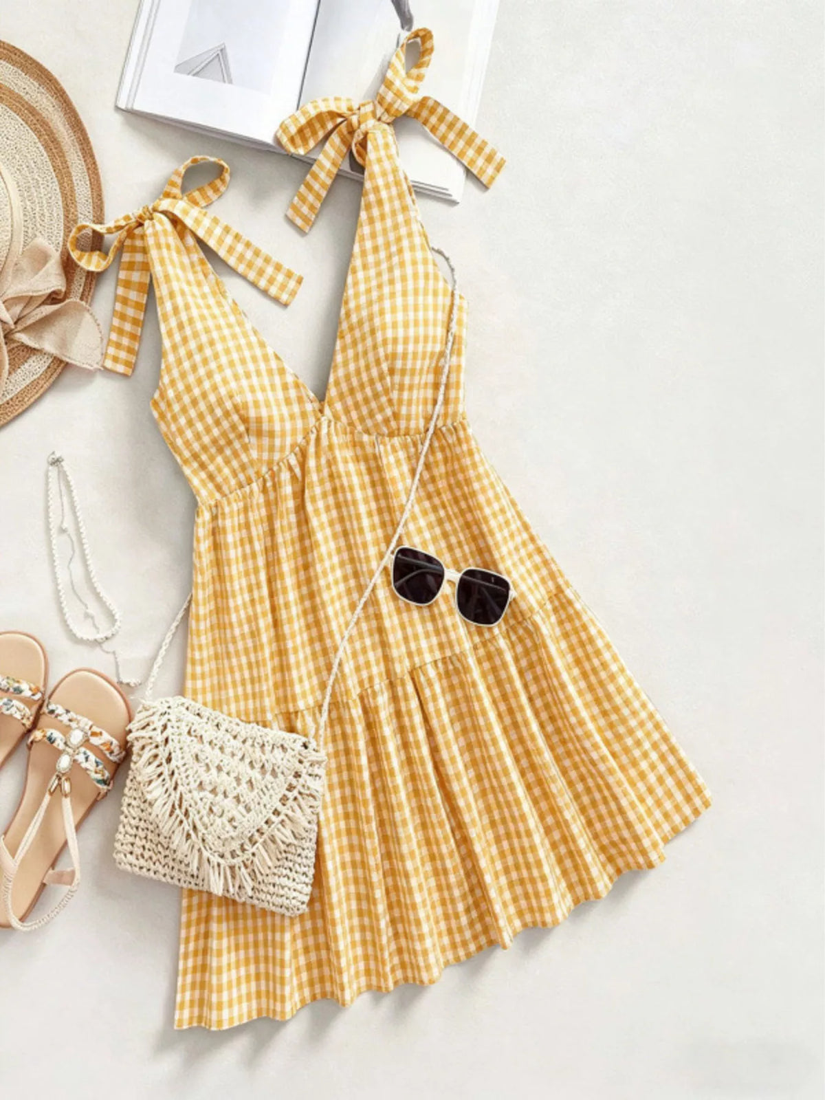 Yellow gingham mini dress fabric close up