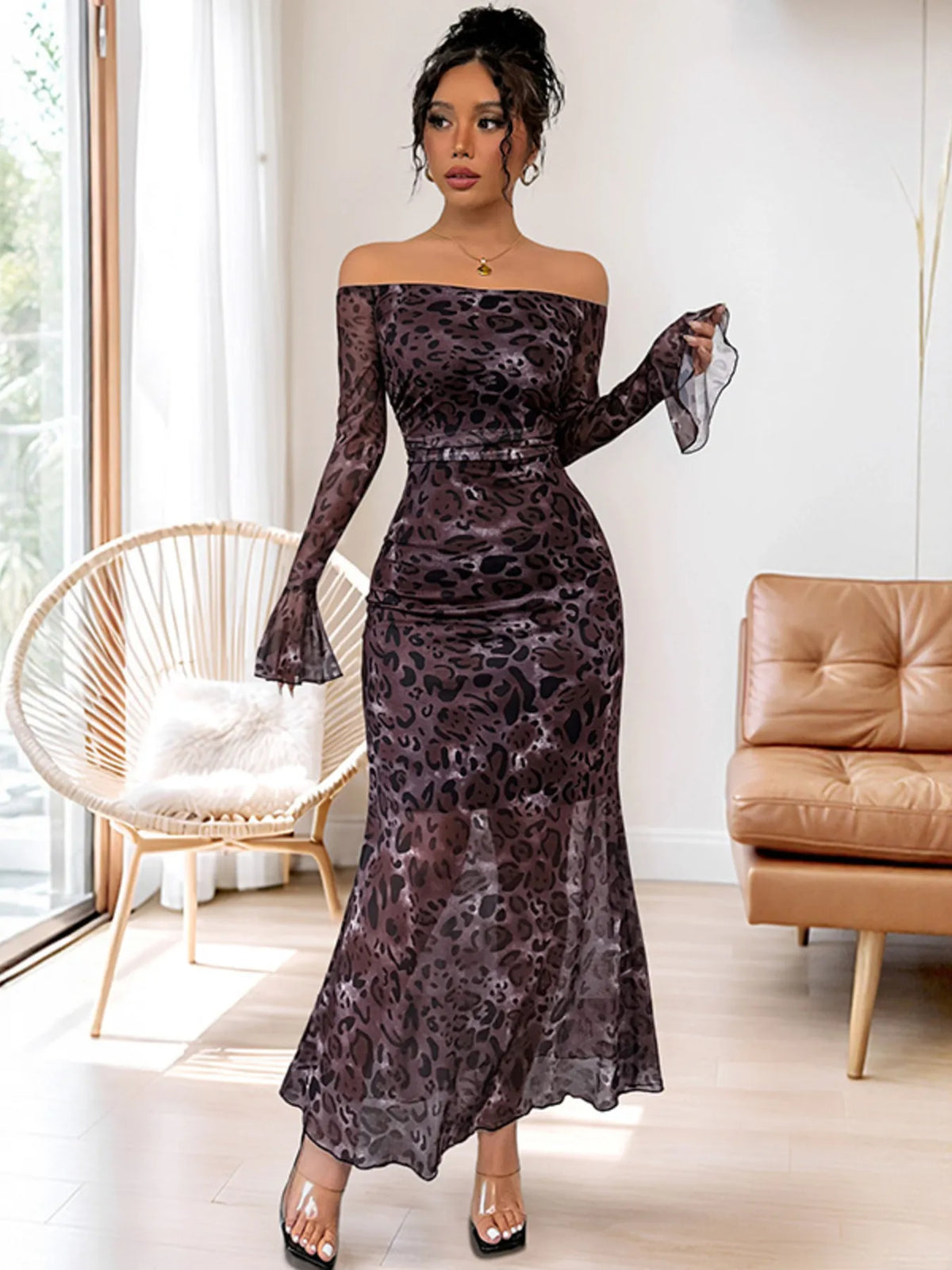 off shoulder long sleeve maxi dress skirt and hem detail