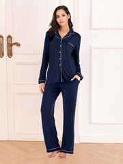 Collared Neck Long Sleeve Loungewear Set with Pockets Navy - Fashorio