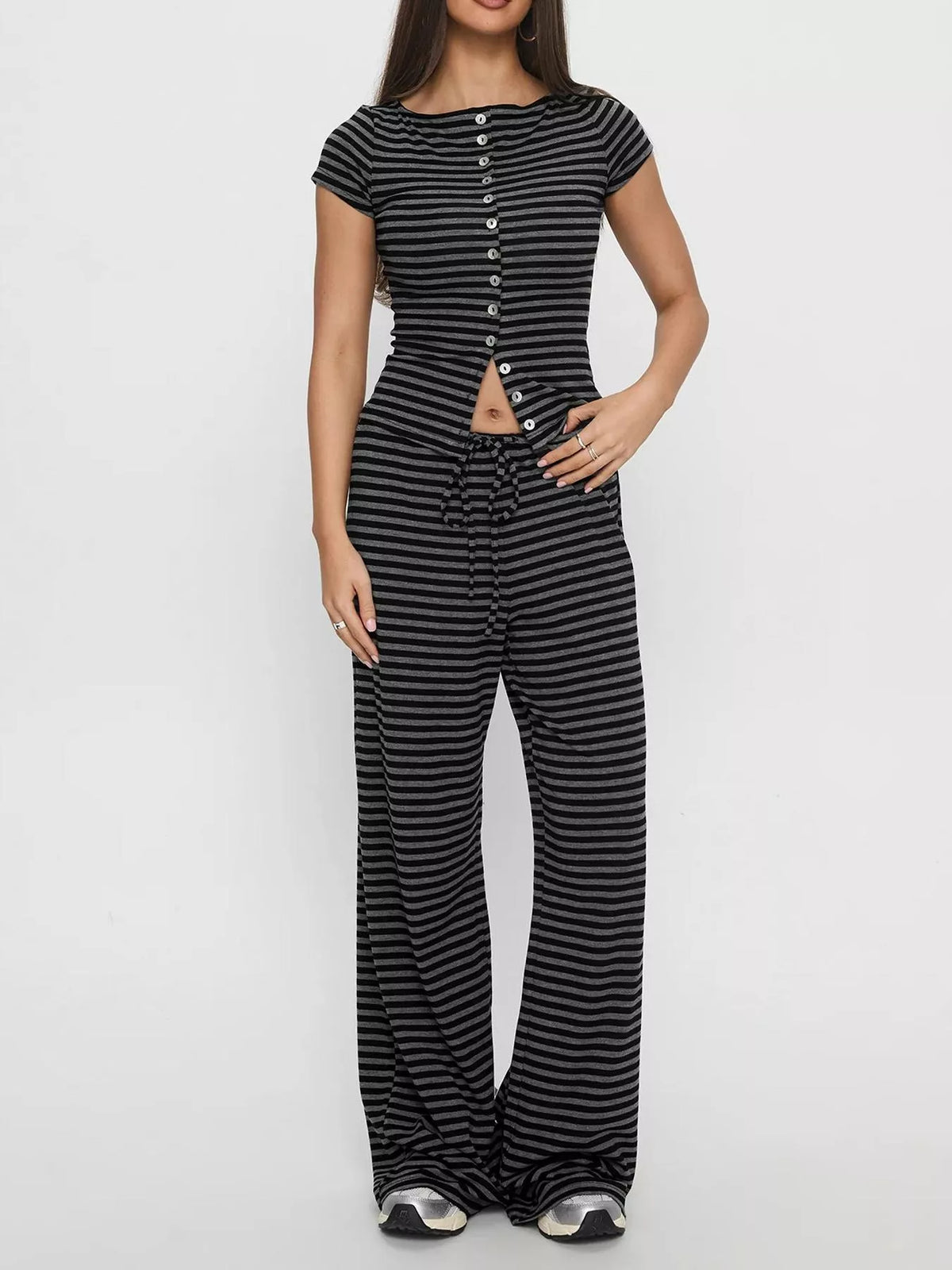 Striped top and wide leg pants set full look