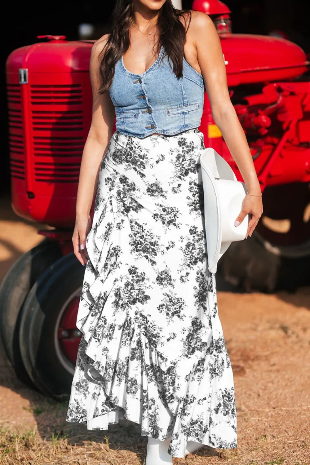Boho maxi skirt showing high waist fit