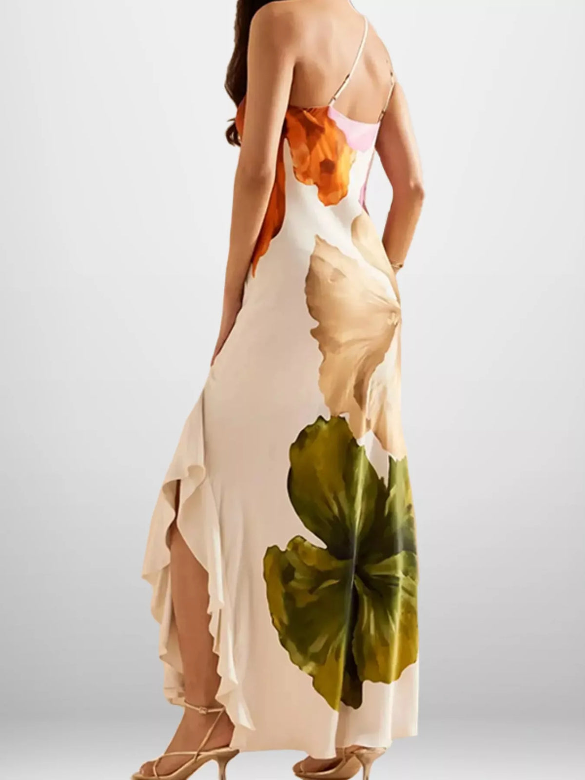 One shoulder floral maxi dress with ruffle accent