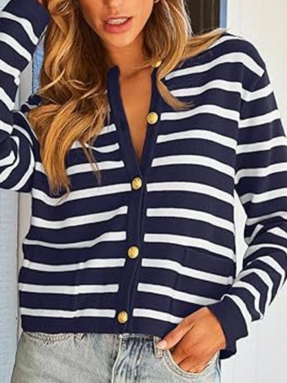 Striped Button-Up Cardigan Navy & White - Fashorio
