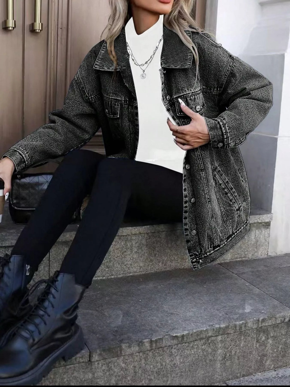 Washed Oversized Denim Jacket in Gray on model