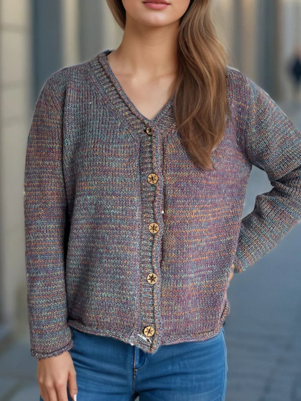 Heathered V-Neck Long Sleeve Cardigan - Fashorio