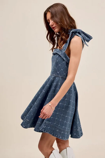 SO ME A Line Fit and Flare Diamond Bow Ribbon Denim Dres - Fashorio