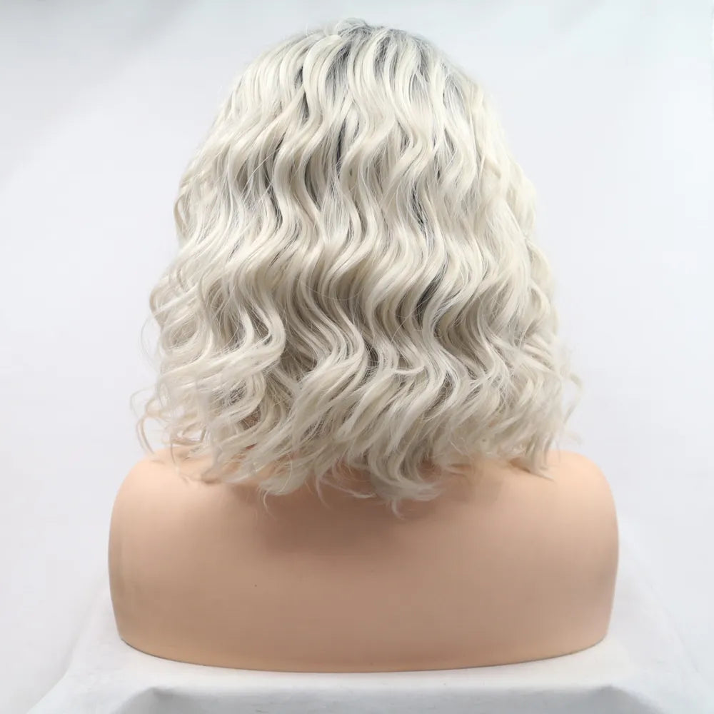 Side view of 12 inch wavy synthetic lace front wig