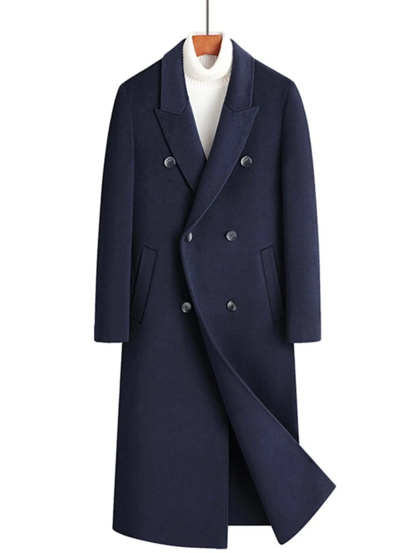 Men's Plus Size Double-Breasted Long Wool Coat Navy Blue - Fashorio