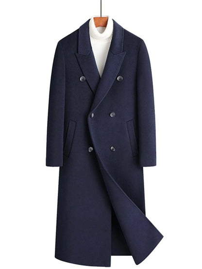 Men's Plus Size Double-Breasted Long Wool Coat Navy Blue - Fashorio